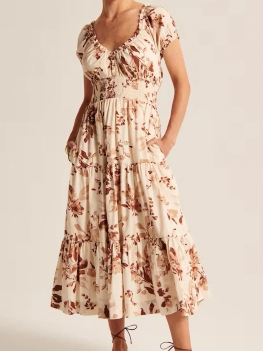 Abercrombie & Fitch Cream Floral Midi Dress with Brown Print